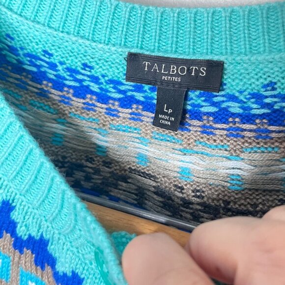 Talbots Petites Blue Fair Isle Cardigan Sweater Lp 70% Nylon 30%‎ Lambswool - Picture 2 of 5